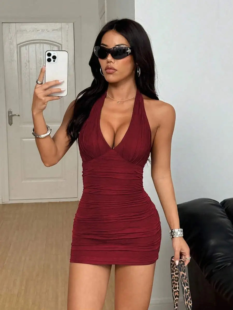 Burgundy Ruched Mini Dress