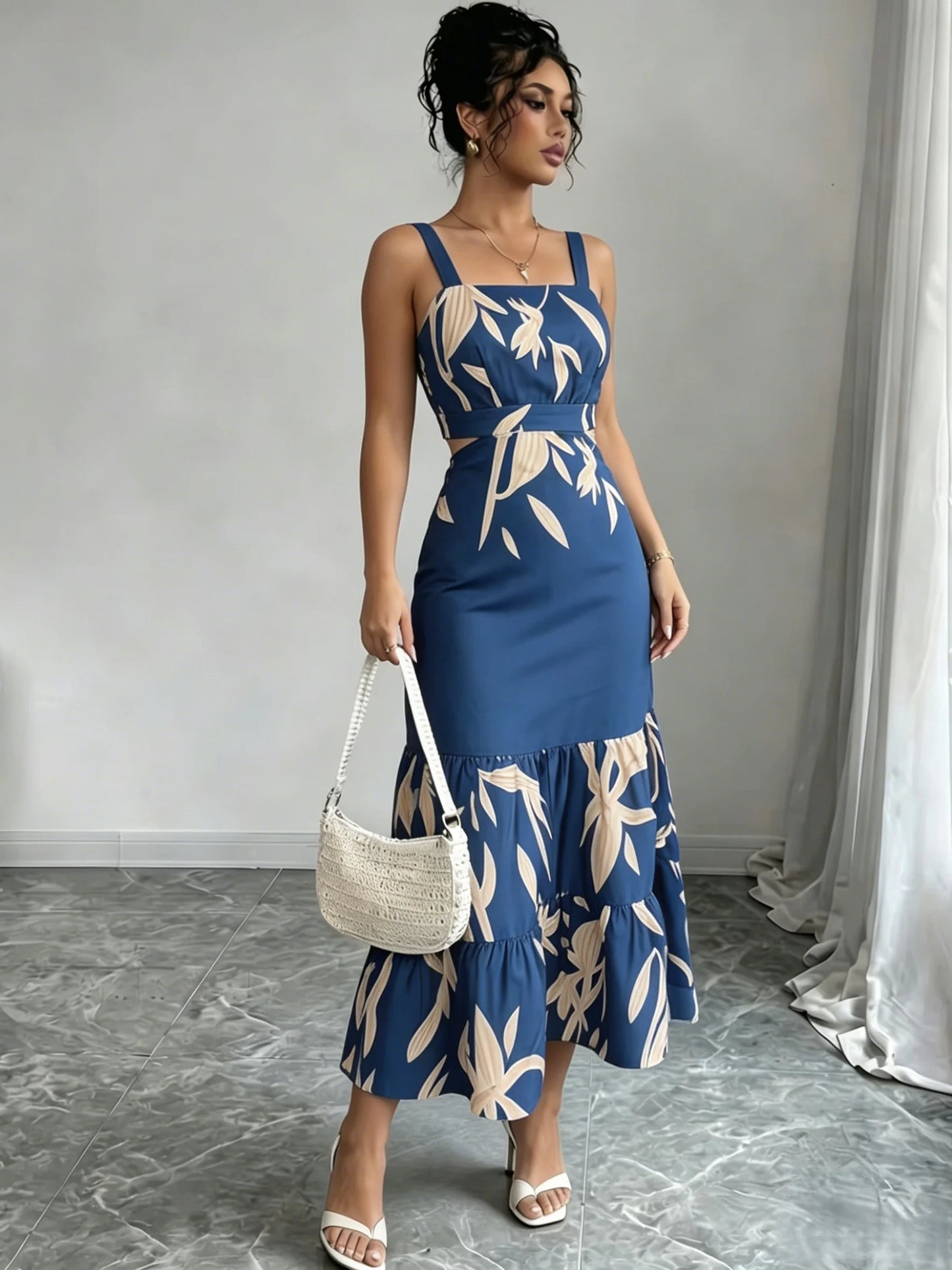 Sleeveless blue floral dress