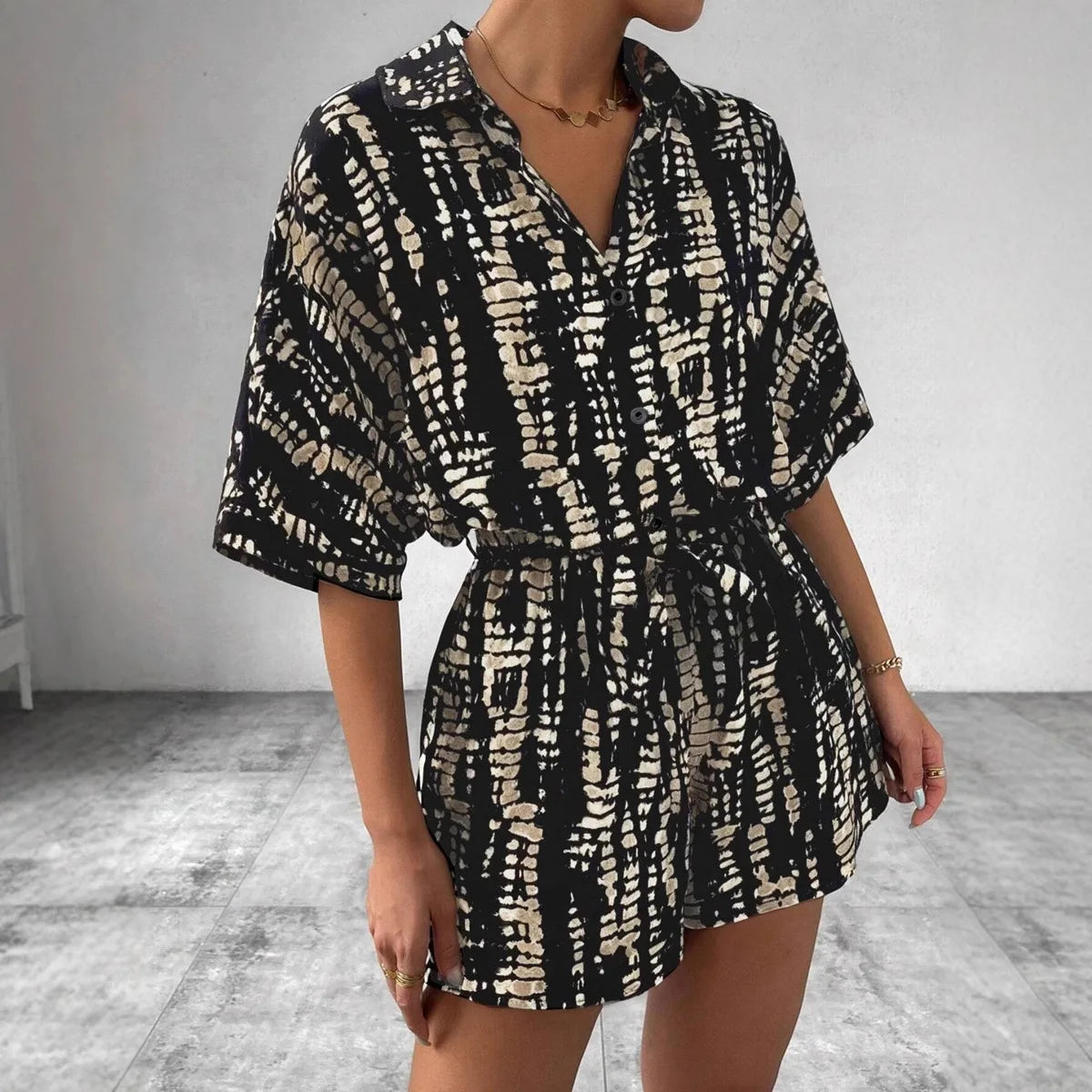 Stylish patterned shorts romper outfit