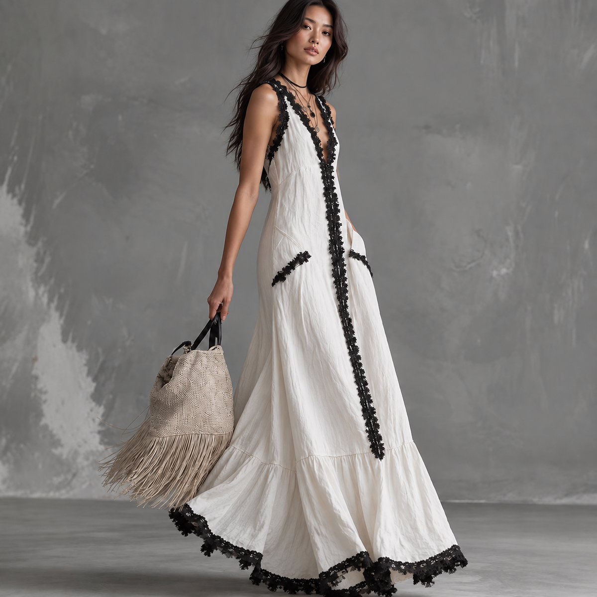 Deep V-Neck Boho Dress: White Lace Trim Long Dress