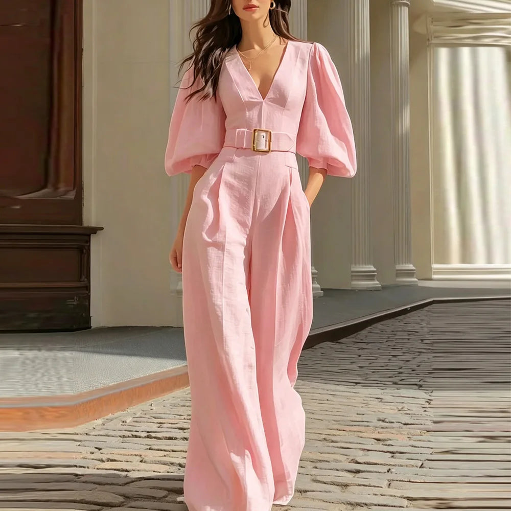 Puff sleeve full length jumpsuit