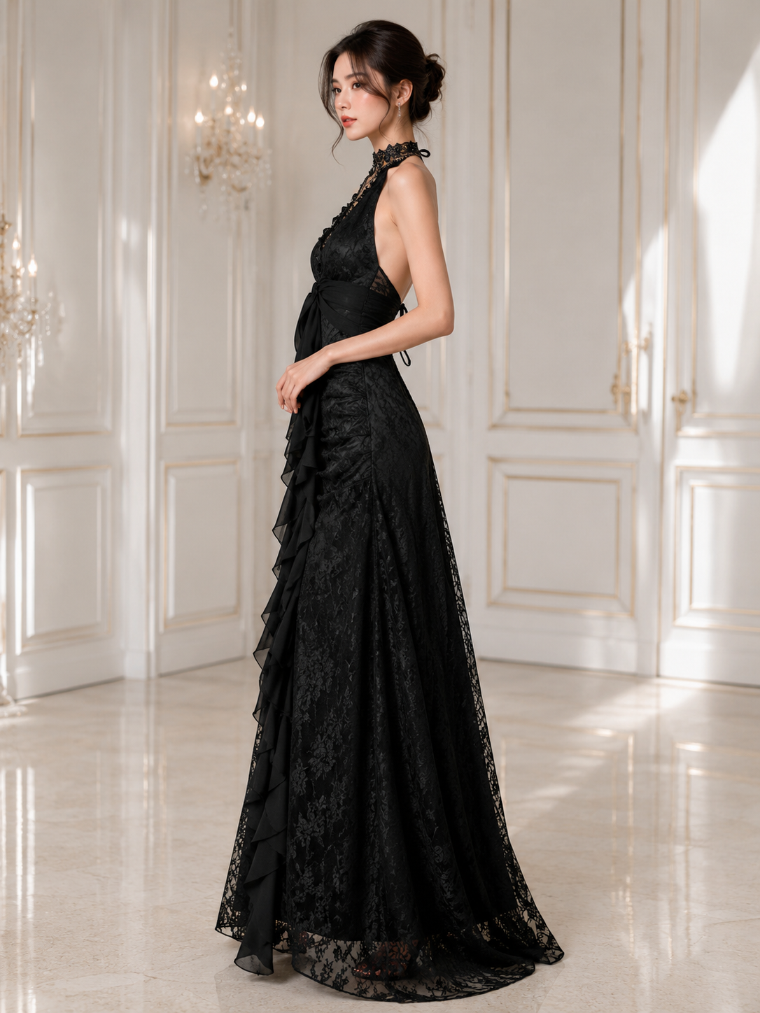 Black Ruffle Evening Dress side view