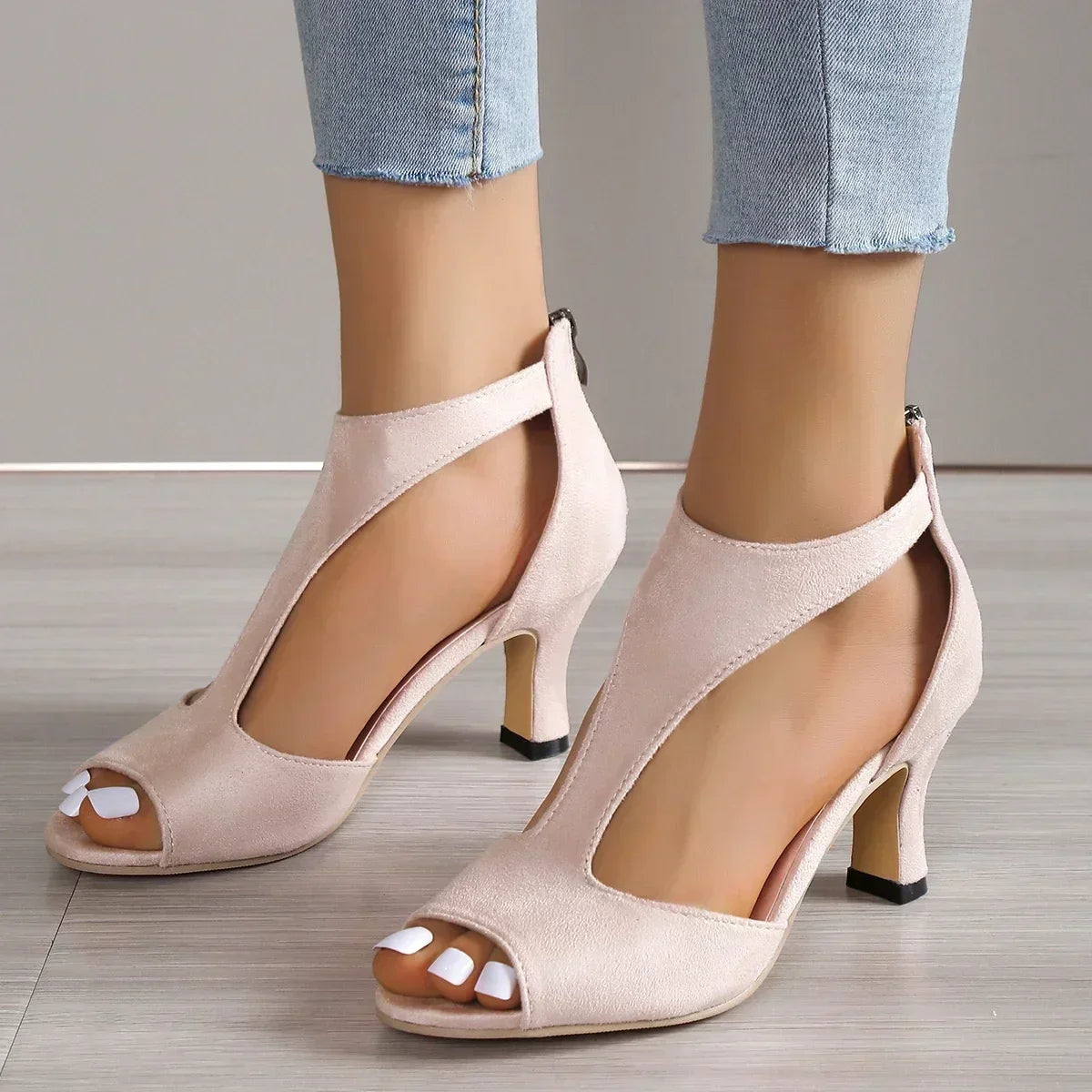 Beige peep toe shoes