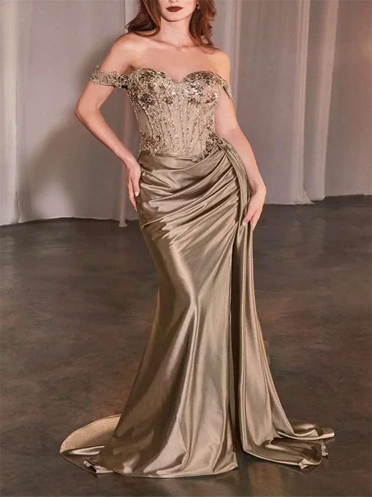 Khaki High Slit Off-Shoulder Dress