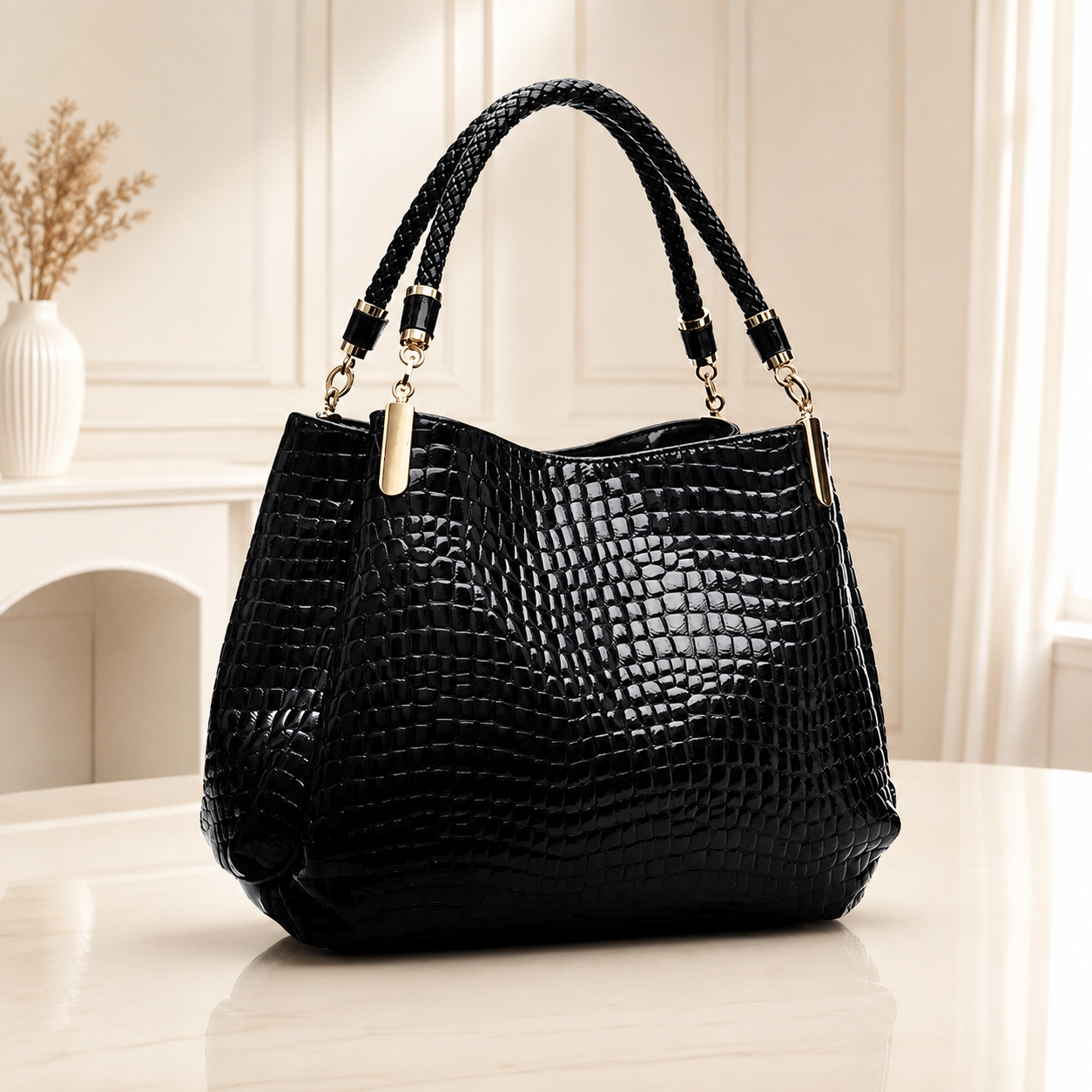 Black crocodile embossed shoulder bag