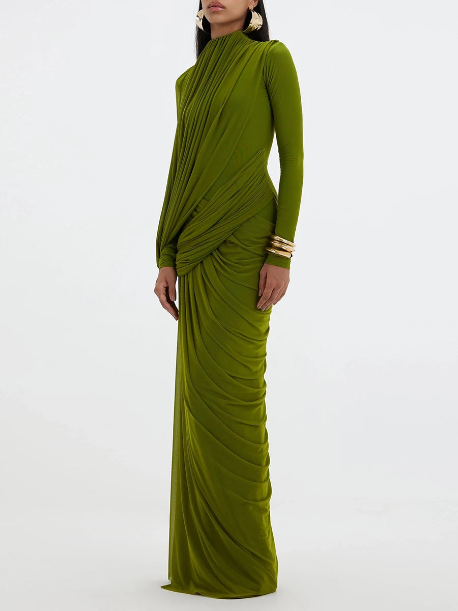 Green draped evening gown