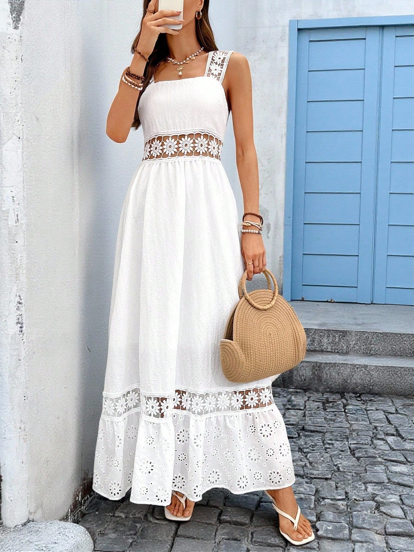 White Lace Cutout Maxi Dress: Sleeveless Square Neck Dress – Great