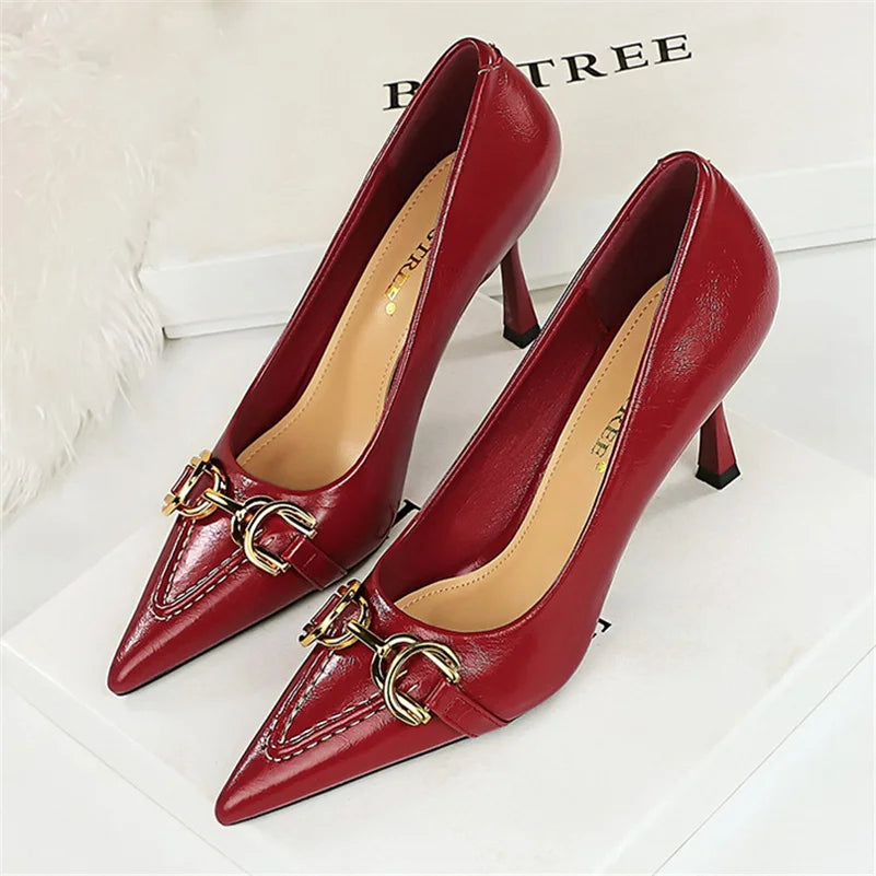 8cm Stiletto Pumps with Metal Chain – Wine Red Office Shoes