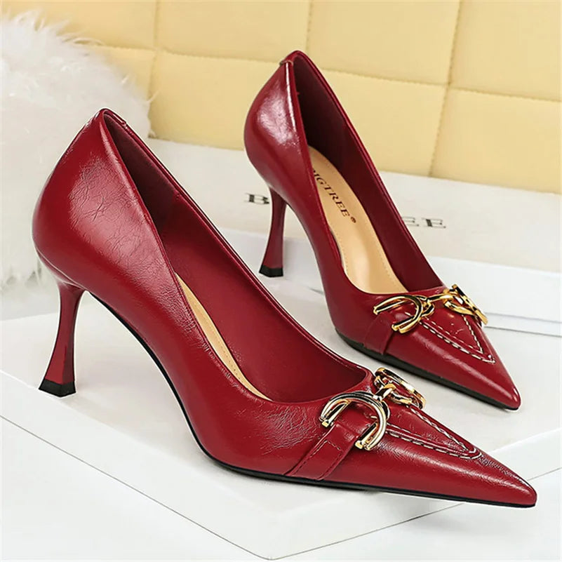 8cm Stiletto Pumps with Metal Chain – Wine Red Office Shoes