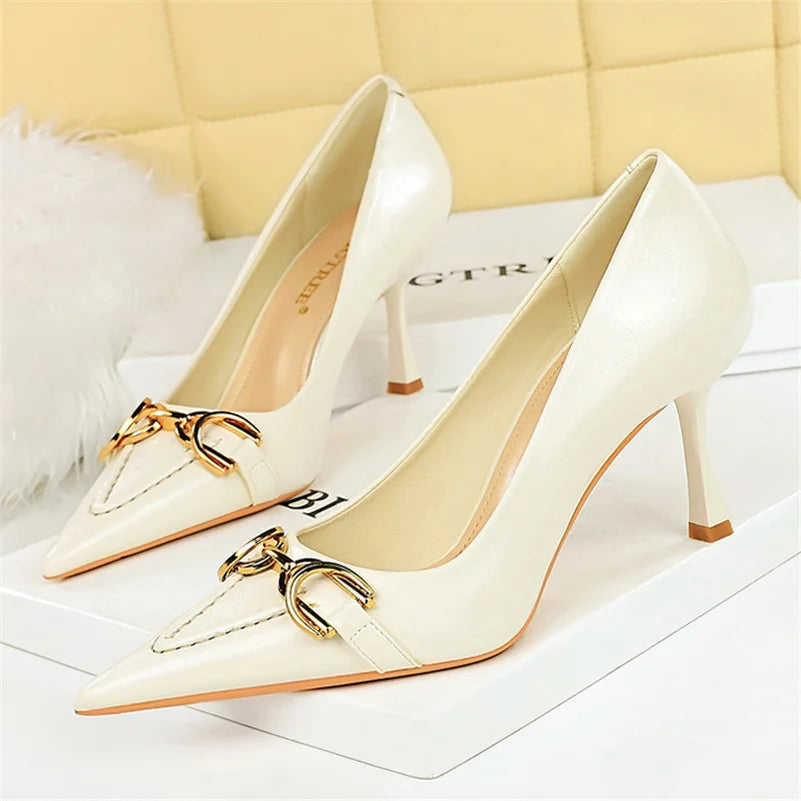 8cm Stiletto Pumps with Metal Chain – Wine Red Office Shoes