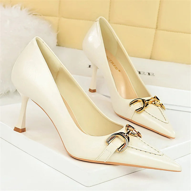 8cm Stiletto Pumps with Metal Chain – Wine Red Office Shoes