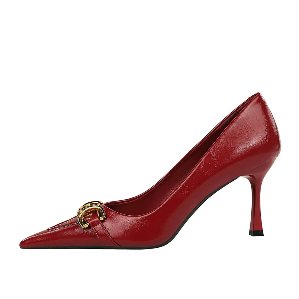 8cm Stiletto Pumps with Metal Chain – Wine Red Office Shoes