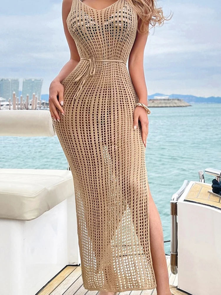 Hollow Out Beach Dress: Lace Up Tunic Backless Cover-up
