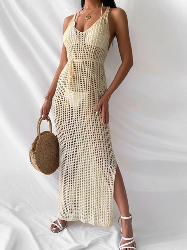 Hollow Out Beach Dress: Lace Up Tunic Backless Cover-up