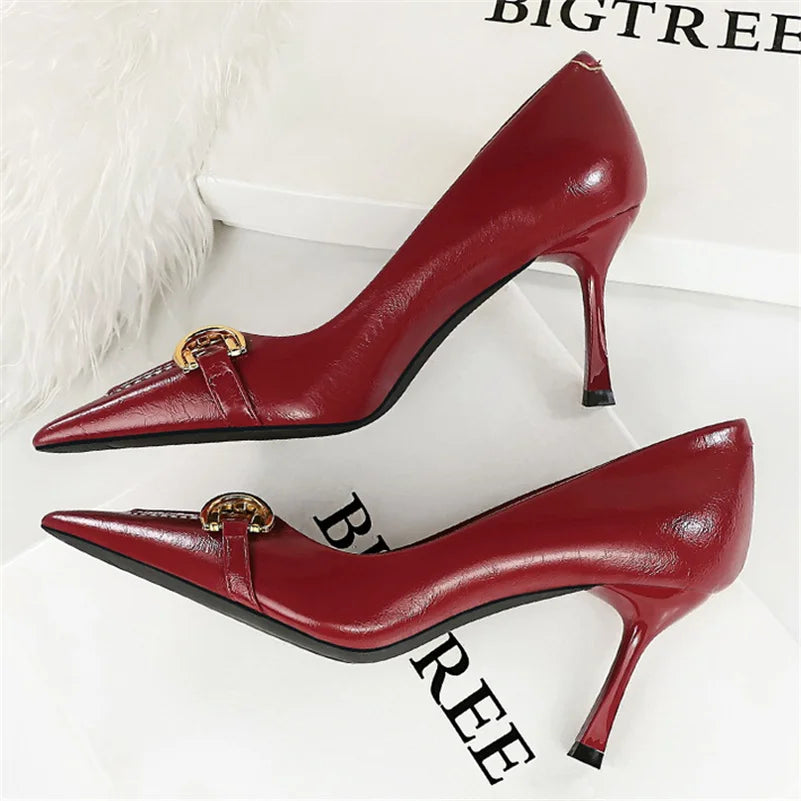8cm Stiletto Pumps with Metal Chain – Wine Red Office Shoes