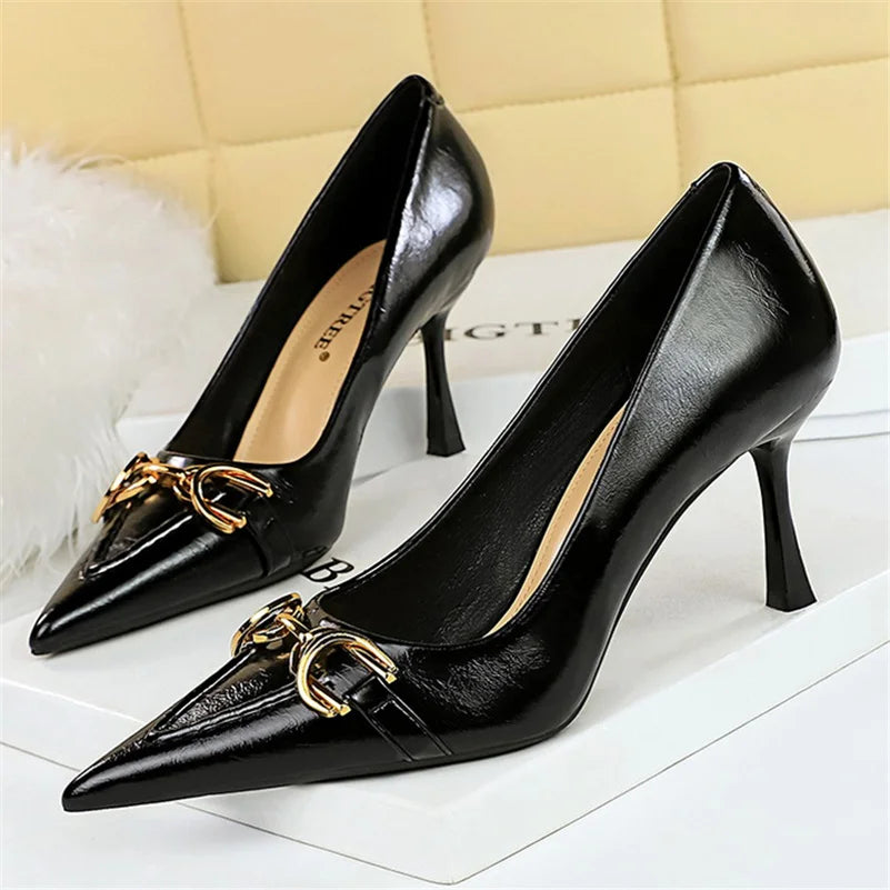 8cm Stiletto Pumps with Metal Chain – Wine Red Office Shoes