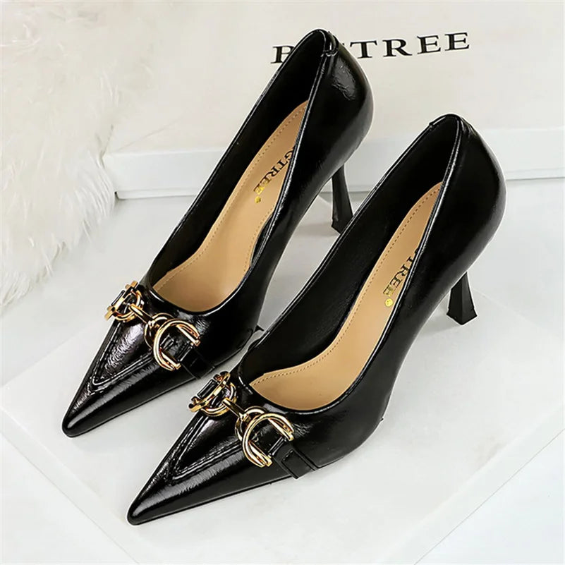 8cm Stiletto Pumps with Metal Chain – Wine Red Office Shoes