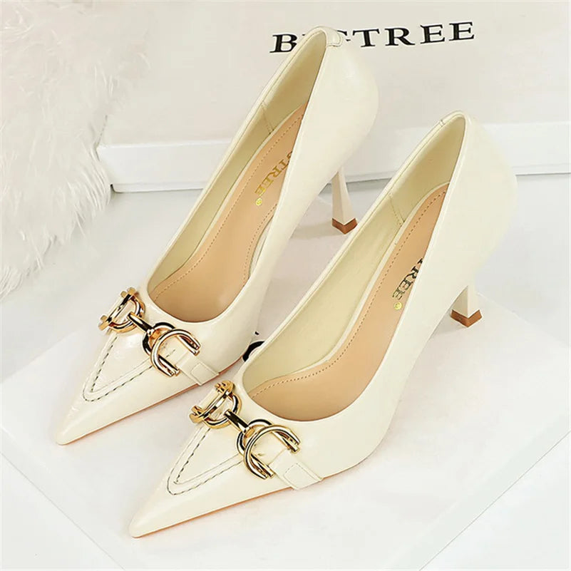 8cm Stiletto Pumps with Metal Chain – Wine Red Office Shoes