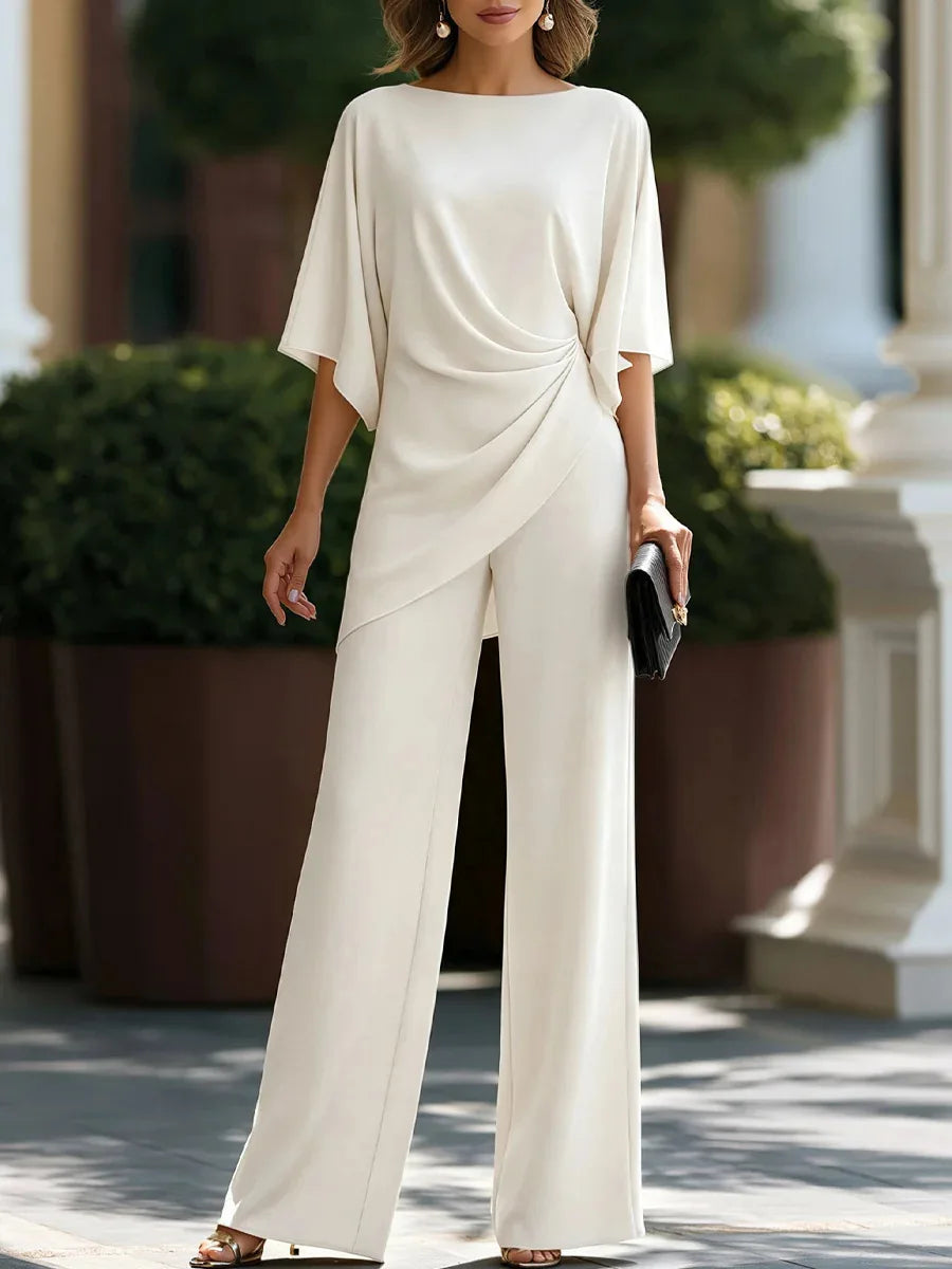 Draped Blouse Pants Set: Batwing Sleeve Top and Wide Leg Pants Elegant Formal Outfit