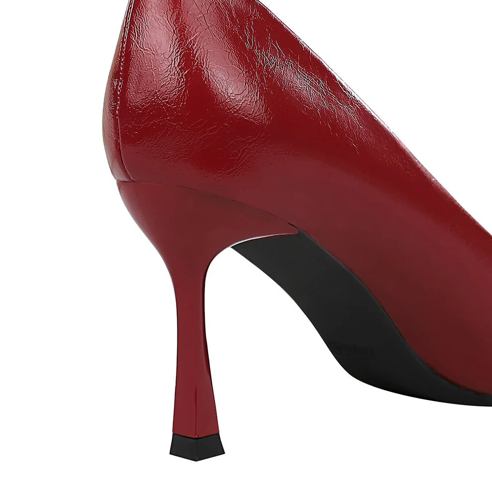 8cm Stiletto Pumps with Metal Chain – Wine Red Office Shoes