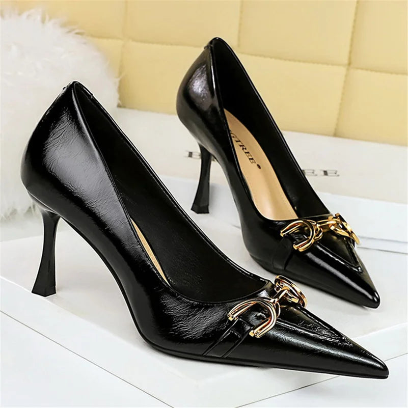 8cm Stiletto Pumps with Metal Chain – Wine Red Office Shoes