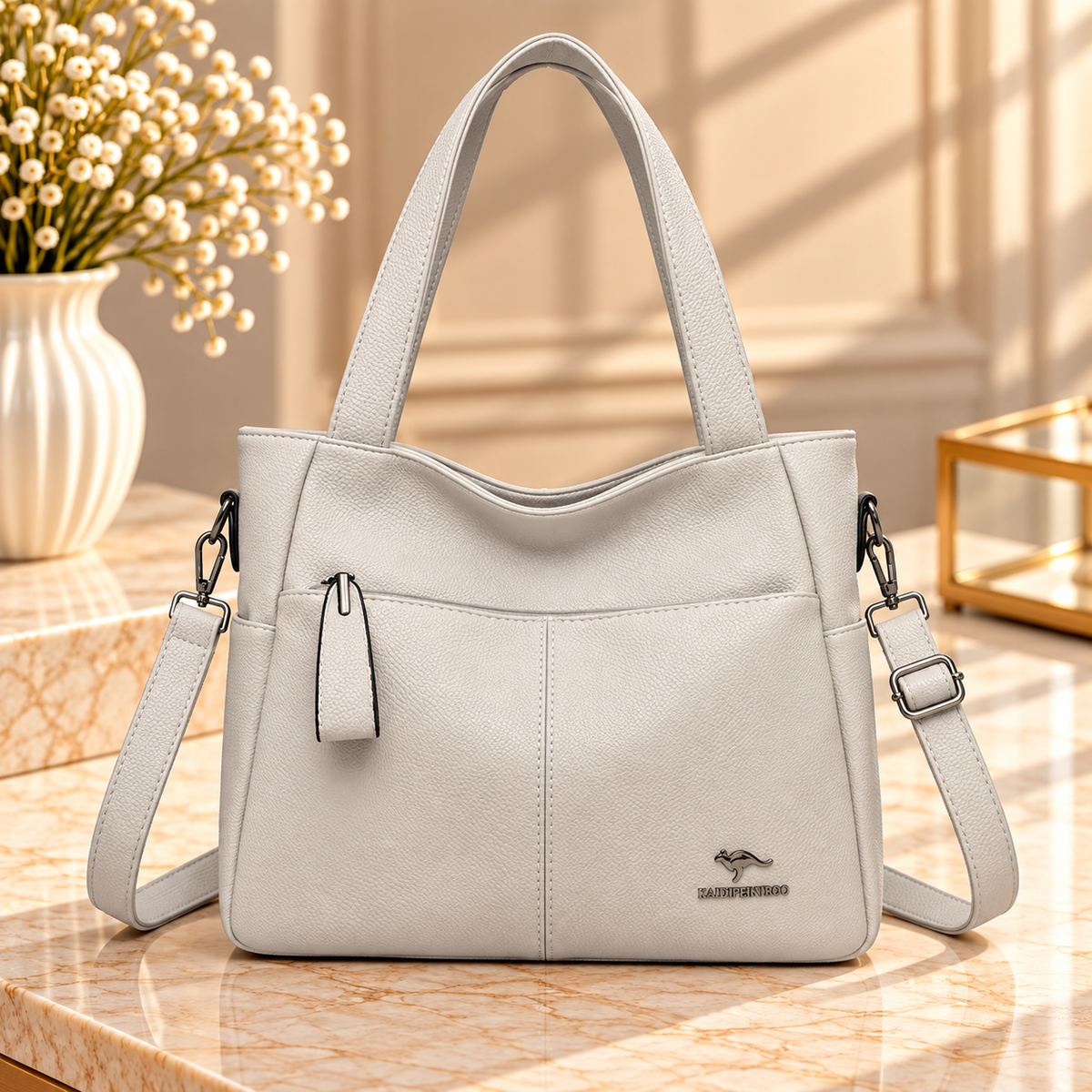 White Adjustable Strap Tote Handbag