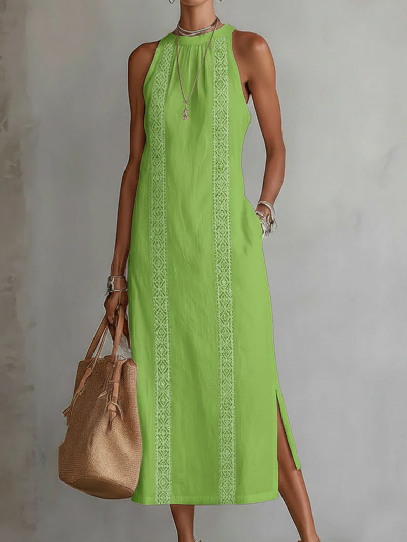 green High Neck Side Slit Dress