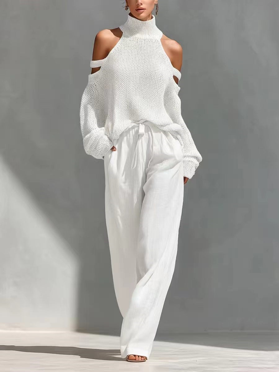 Cold Shoulder Knit Two Piece Set: High Neck Sweater Top and Loose Wide Leg Pants