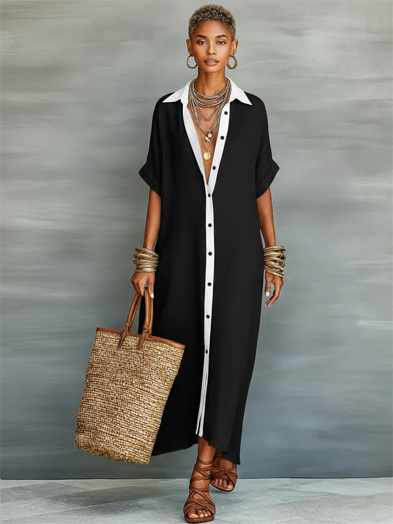 Black contrast button shirt dress