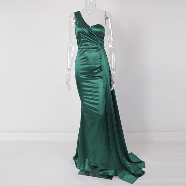 One Shoulder Party Sexy Satin Maxi Dress