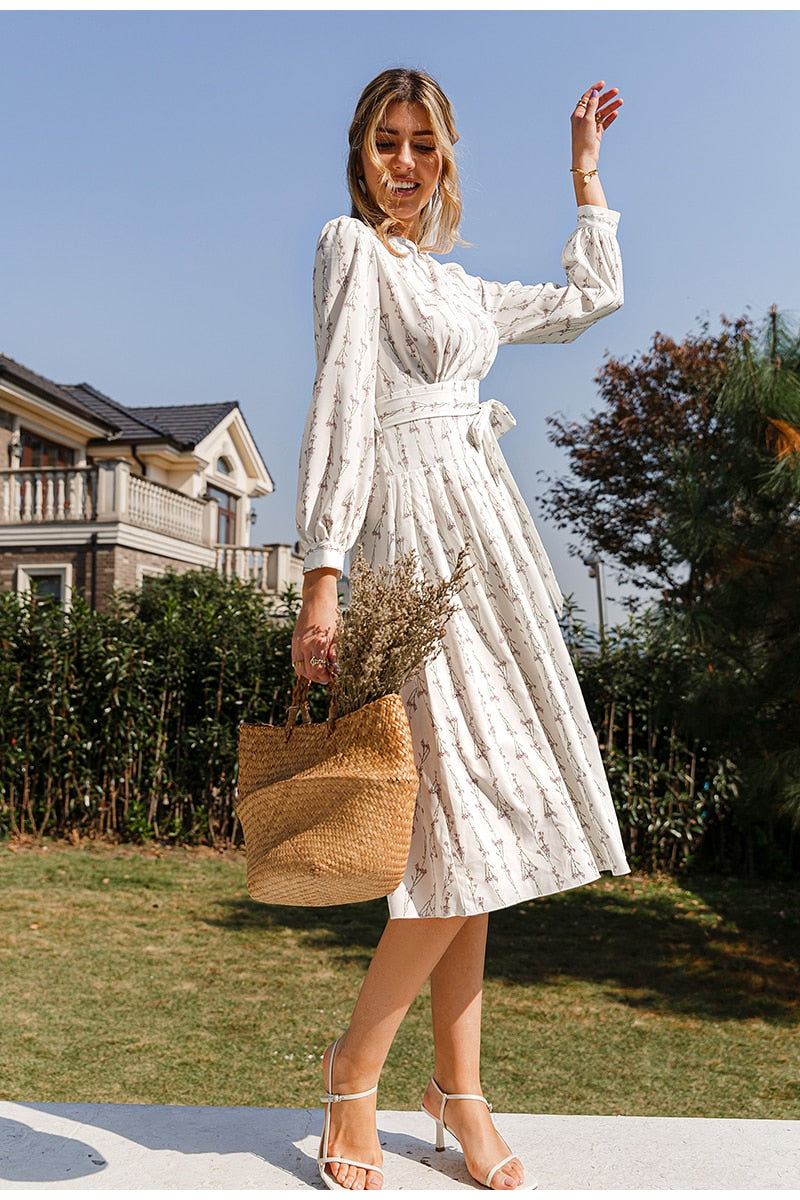 Long Puff Sleeve Flower Printed women Dress