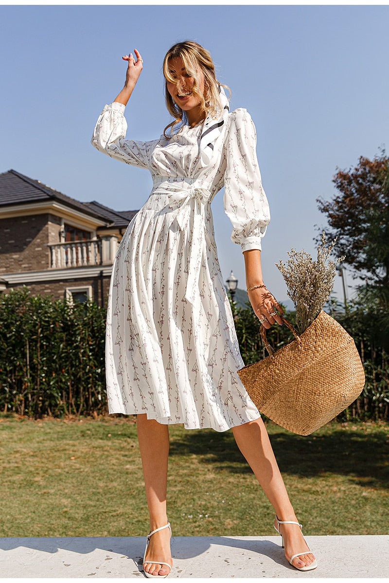 Long Puff Sleeve Flower Printed women Dress