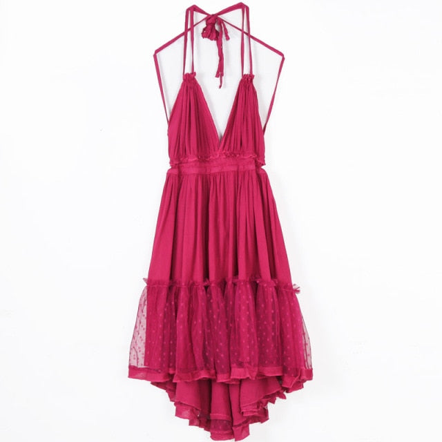 Boho dress: Strapless Women Summer Solid Boho Dress