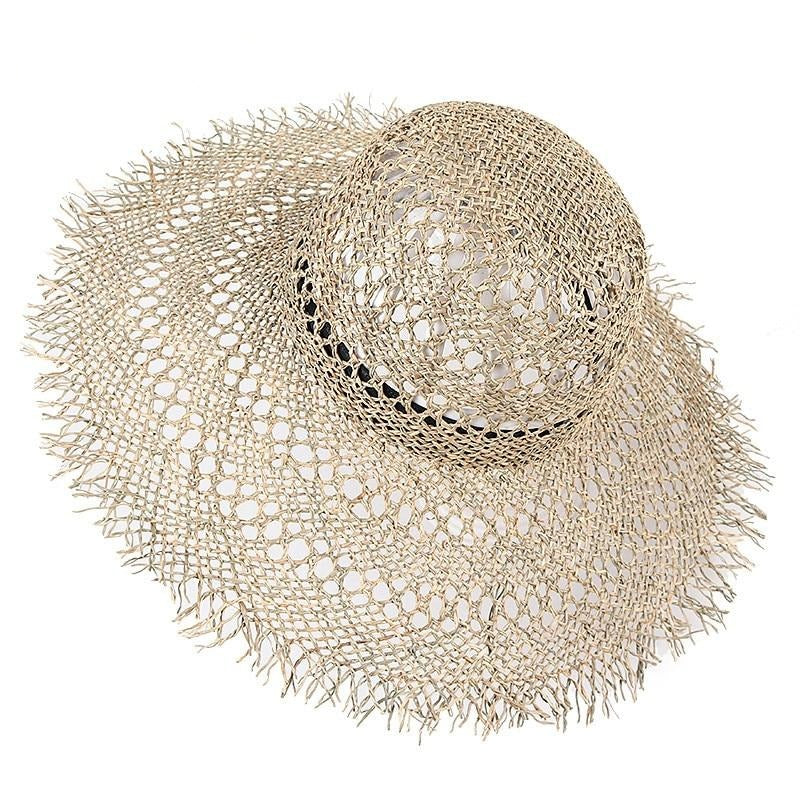 women's straw hat beach sun hat frayed crochet foldable straw bucket hat  summer soft brim beach hat