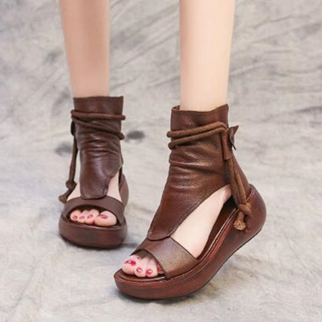 Summer Black Leather Sandals Cool Boots Platform