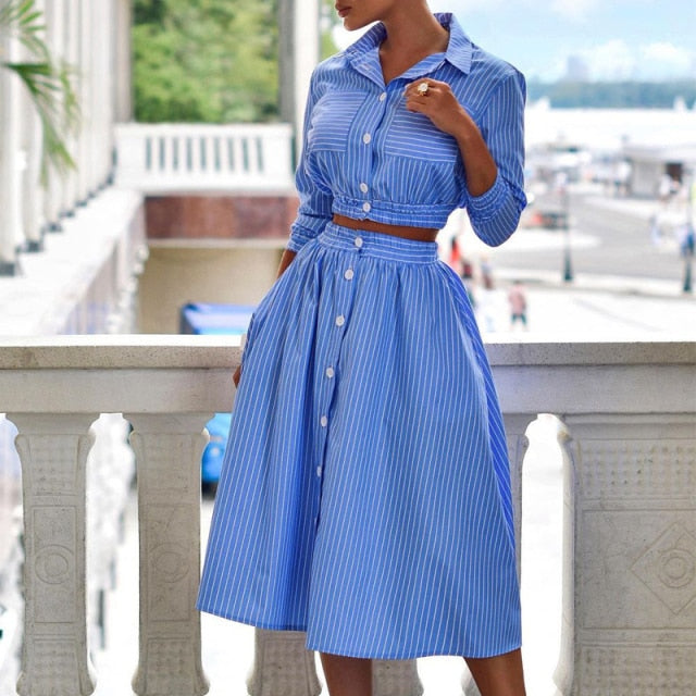 Elegant Turn-down Collar Button Blouse + Skirts Suit Autumn Fashion Striped Print Two Piece Sets Casual 3/4 Sleeve Women Outfits