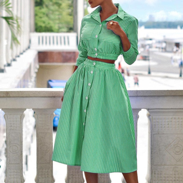 Elegant Turn-down Collar Button Blouse + Skirts Suit Autumn Fashion Striped Print Two Piece Sets Casual 3/4 Sleeve Women Outfits