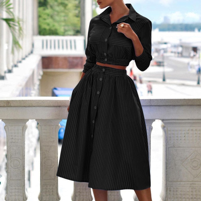 Elegant Turn-down Collar Button Blouse + Skirts Suit Autumn Fashion Striped Print Two Piece Sets Casual 3/4 Sleeve Women Outfits