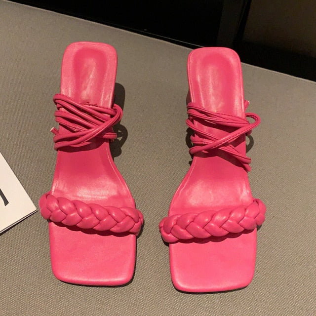 SUOJIALUN New Fashion Women Weave Sandals Square High Heel Lace Up Gladiator Shoes Narrow Band Back Strap Sandal Zapatos Mujer