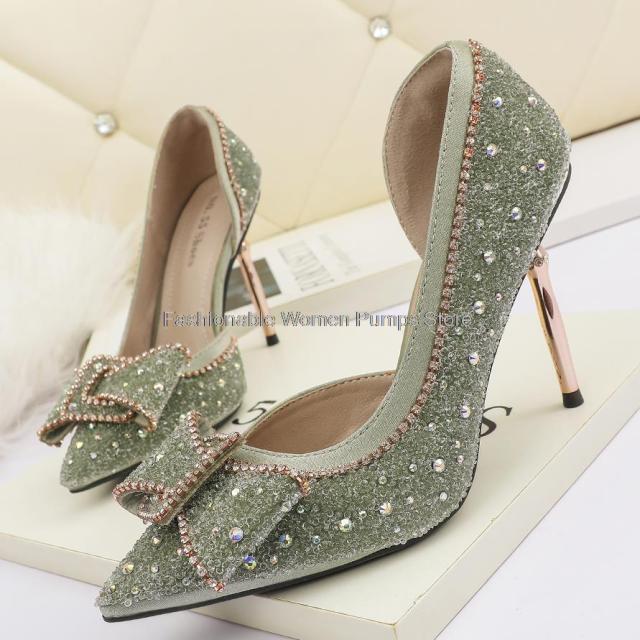 Elegant women crystal shallow high heels butterfly shoes