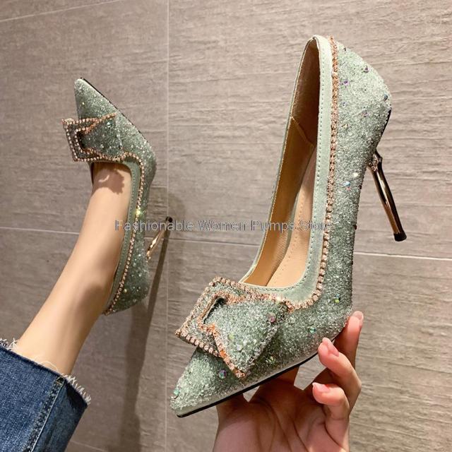 Elegant women crystal shallow high heels butterfly shoes