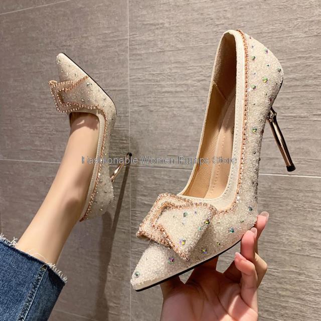 Elegant women crystal shallow high heels butterfly shoes