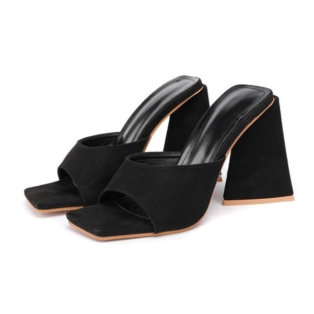 Triangle thick mules high heels slippers flip flops square toe