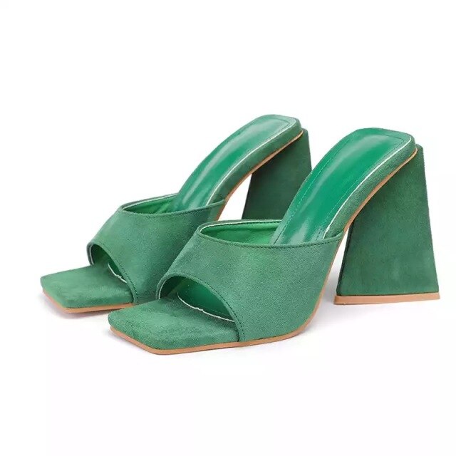 Triangle thick mules high heels slippers flip flops square toe
