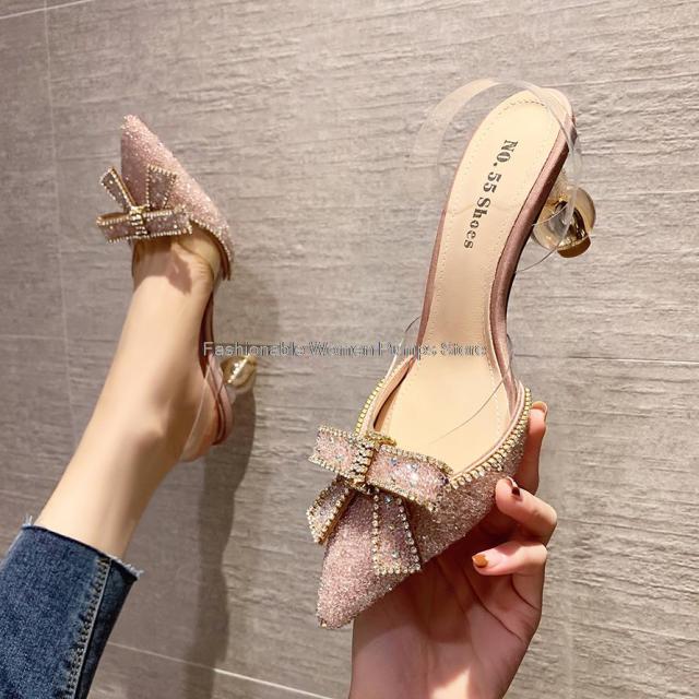 Elegant women crystal shallow high heels butterfly shoes