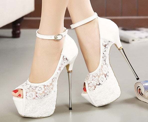 Lace Wedding Shoes Woman Peep Toe High Heels