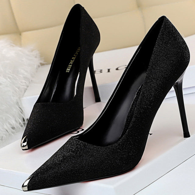 Peep Toe Glitter Ankle Strap Chunky Heeled shoes