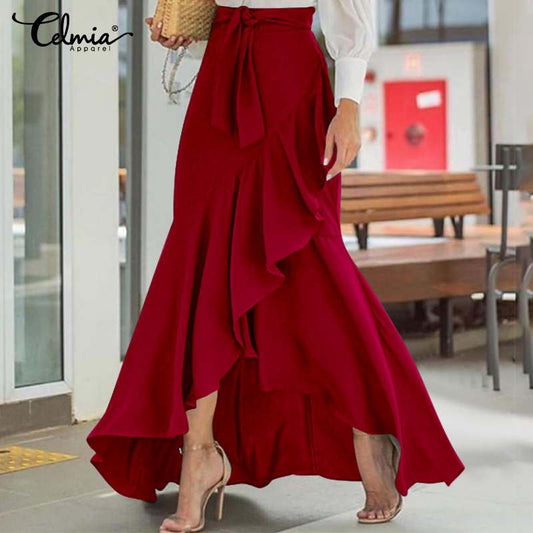 Elegant Women Long Skirt Spring High Waist OL Belted Fishtail Faldas Larga Celmia Ladies Casual Street Ruffles Party Maxi Jupes