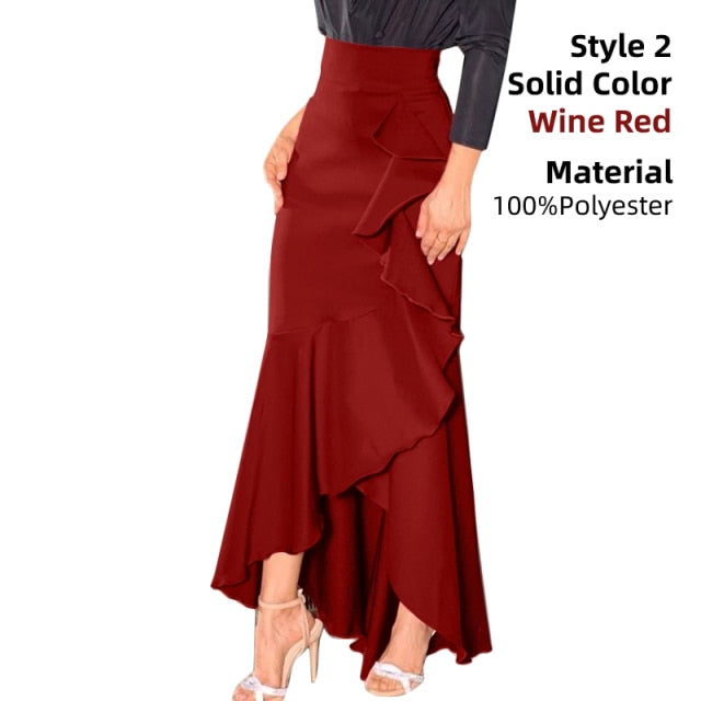Elegant Women Long Skirt Spring High Waist OL Belted Fishtail Faldas Larga Celmia Ladies Casual Street Ruffles Party Maxi Jupes