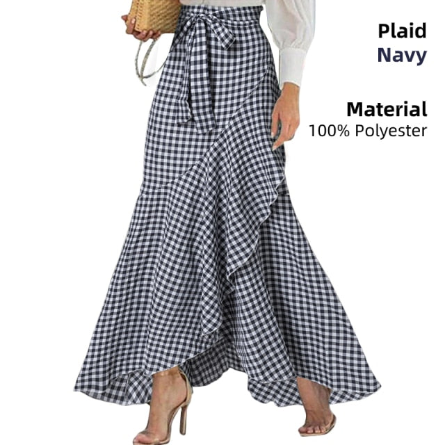 Elegant Women Long Skirt Spring High Waist OL Belted Fishtail Faldas Larga Celmia Ladies Casual Street Ruffles Party Maxi Jupes